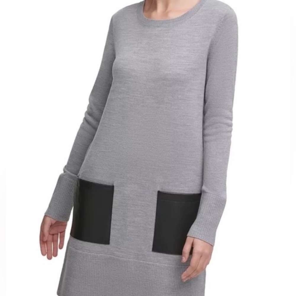 DKNY Long Sleeve Grey Sweater Dress with Black Pockets S